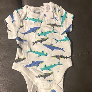 Old Navy Baby Bodysuit with Shark Pattern - Blue, White, and Yellow